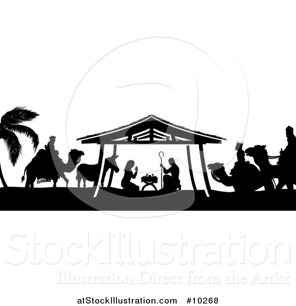 Vector Illustration of a Black and White Christmas Nativity Scene of Baby Jesus, Mary and Joseph in the Manger, with a Donkey and the Magi Wise Men