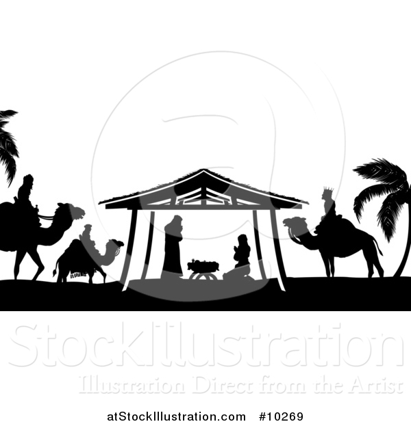 Vector Illustration of a Black and White Christmas Nativity Scene of Baby Jesus, Mary and Joseph in the Manger, with the Magi Wise Men