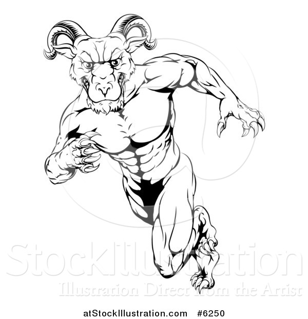 Vector Illustration of a Black and White Clawed Muscular Ram Monster Man Running Upright