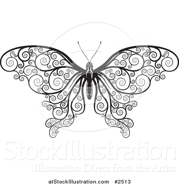 Vector Illustration of a Black and White Decorative Swirl Butterfly