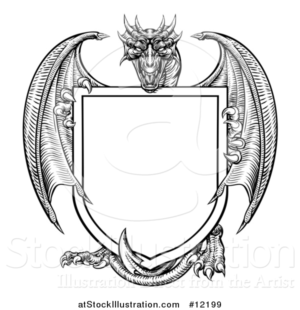 Vector Illustration of a Black and White Dragon Behind a Shield
