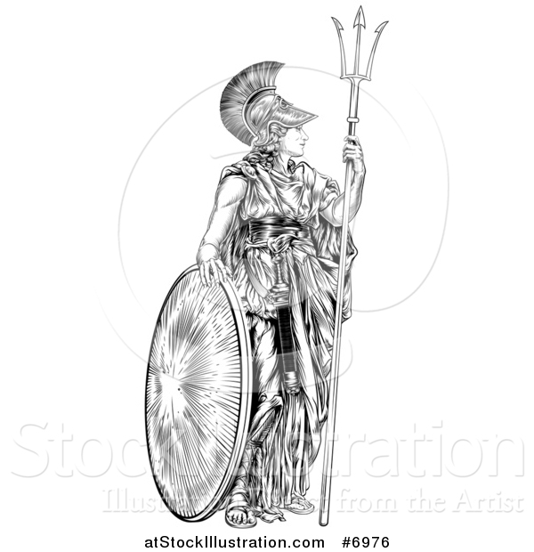 Vector Illustration of a Black and White Engraved Athena Britannia with a Trident and Shield