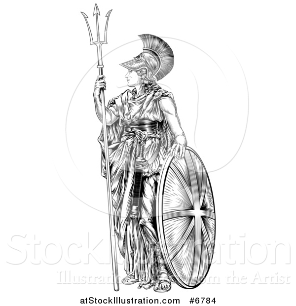 Vector Illustration of a Black and White Engraved Britannia with a Trident and Shield