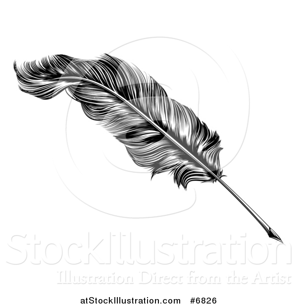 Vector Illustration of a Black and White Engraved Feather Quill Pen