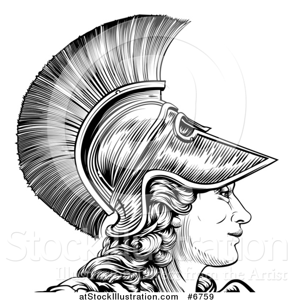 Vector Illustration of a Black and White Engraved Greek Warrior Woman Athena, Hera, or Britannia in Profile