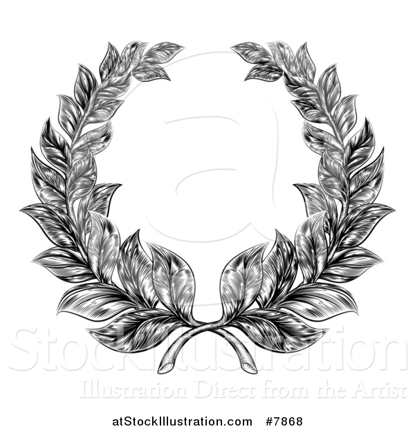 Vector Illustration of a Black and White Engraved Laurel Wreath