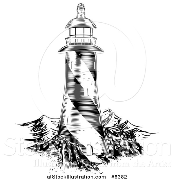 Vector Illustration of a Black and White Engraved Lithograph Lighthouse and Waves