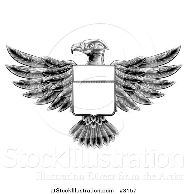 Vector Illustration of a Black and White Engraved or Woodcut Heraldic Coat of Arms American Bald Eagle with a Shield