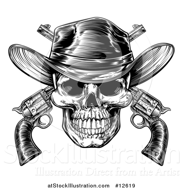 Vector Illustration of a Black and White Engraved or Woodcut Styled Cowboy Skull and Crossed Pistols