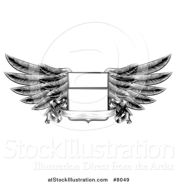 Vector Illustration of a Black and White Engraved or Woodcut Winged Shield Insignia with a Banner Scroll