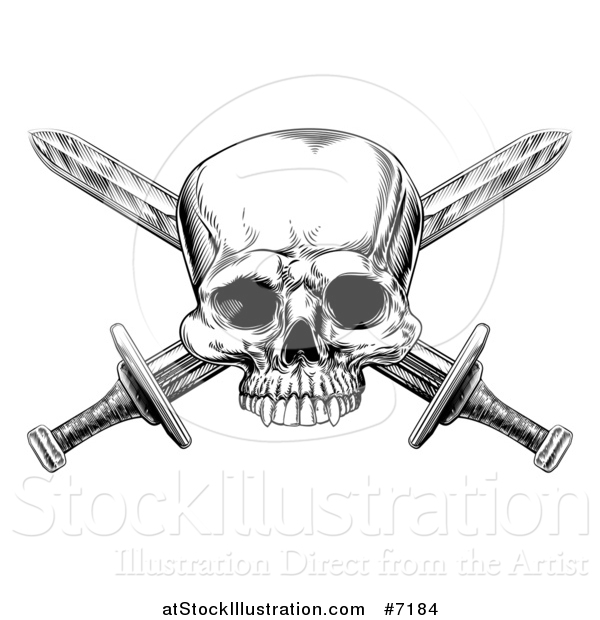 Vector Illustration of a Black and White Engraved Pirate Skull and Cross Swords