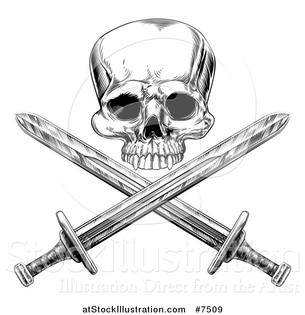 Vector Illustration of a Black and White Engraved Pirate Skull over Cross Swords