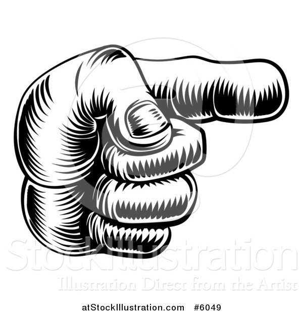 Vector Illustration of a Black and White Engraved Pointing Hand
