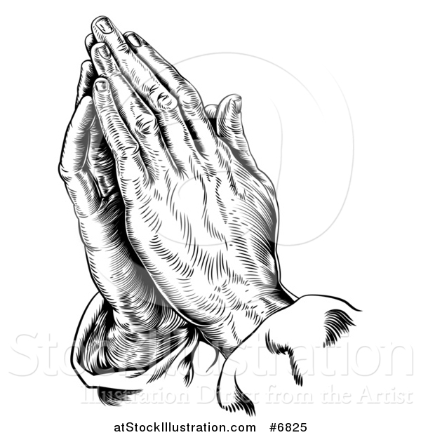 Vector Illustration of a Black and White Engraved Praying Hands