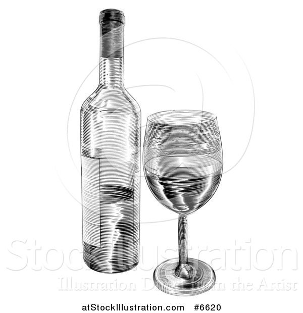 Vector Illustration of a Black and White Engraved Wine Bottle and Glass