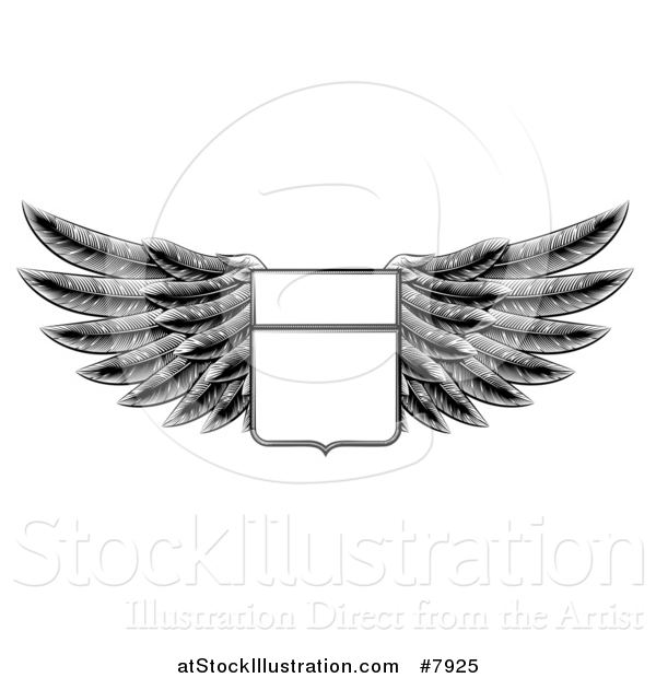 Vector Illustration of a Black and White Engraved Woodcut Winged Shield Insignia