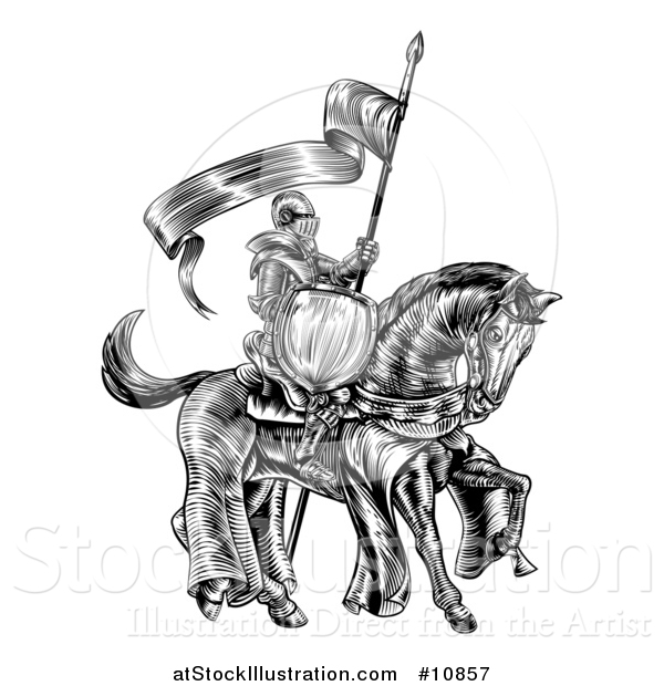 Vector Illustration of a Black and White Etched Engraved or Woodcut Fully Armored Medieval Knight on a Horse, Holding a Spear Flag