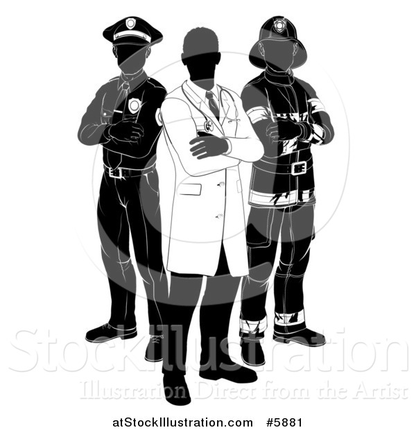 Vector Illustration of a Black and White Faceless Doctor Policeman and Firefighter Posing