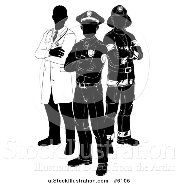 Vector Illustration of a Black and White Faceless Doctor Policeman and Firefighter Posing