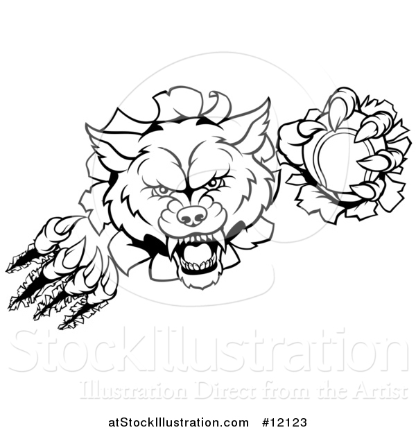 Vector Illustration of a Black and White Ferocious Wolf Slashing Through a Wall with a Tennis Ball