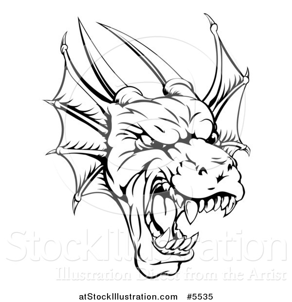 Vector Illustration of a Black and White Fierce Dragon Mascot Head