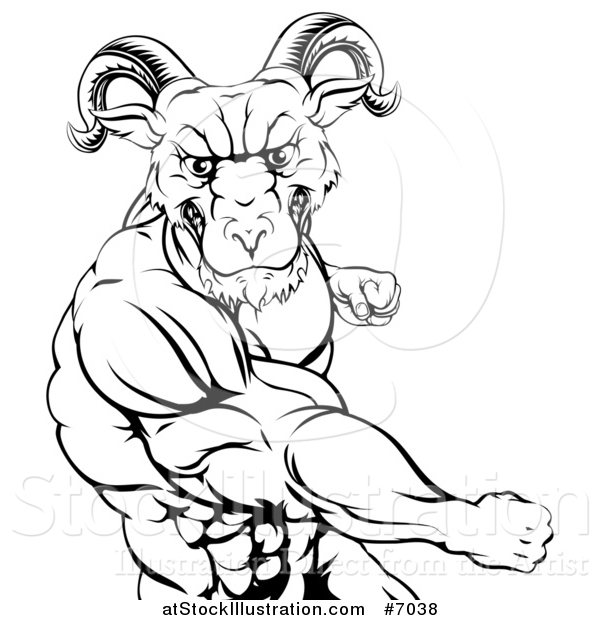 Vector Illustration of a Black and White Fierce Muscular Ram Man Punching