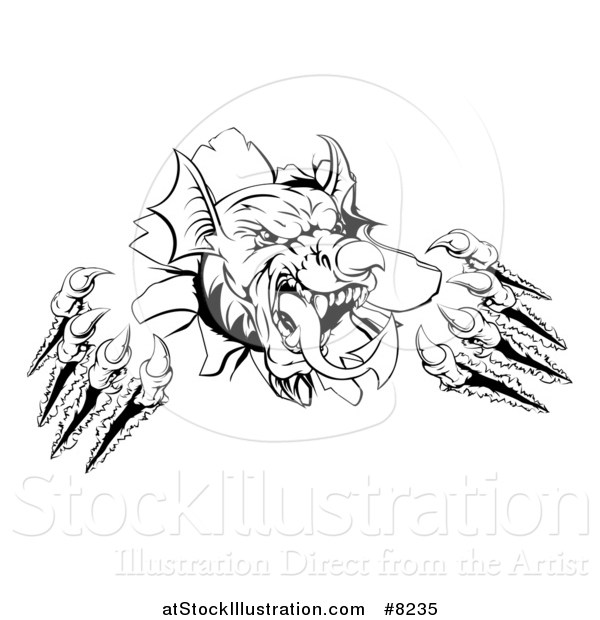 Vector Illustration of a Black and White Fierce Welsh Dragon Mascot Head Slashing Through a Wall