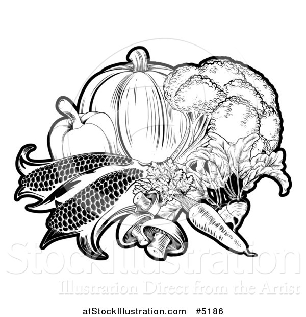 Vector Illustration of a Black and White Fresh Vegetables