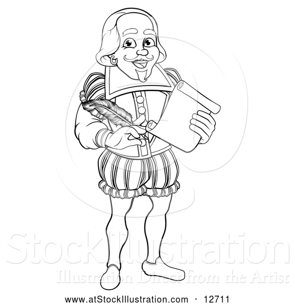 Vector Illustration of a Black and White Full Length Happy William Shakespeare Holding a Scroll and Quill