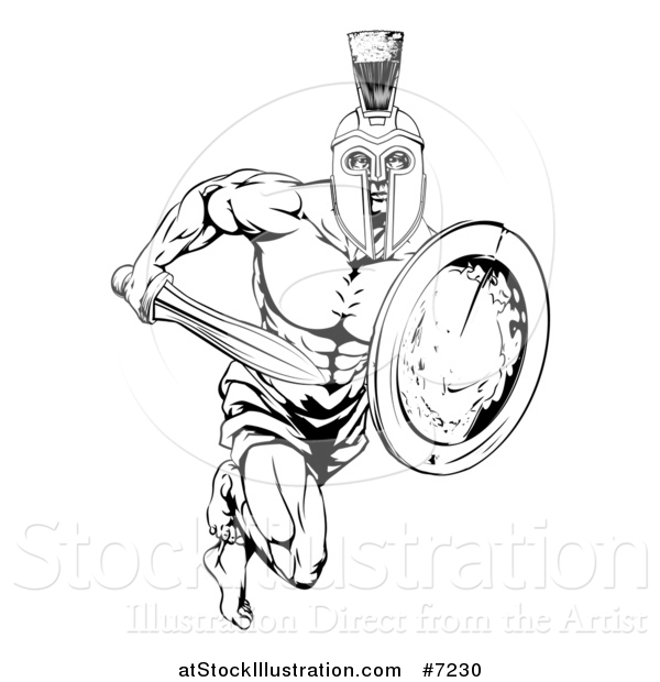 Vector Illustration of a Black and White Gladiator Man in a Helmet Sprinting with a Sword and Shield