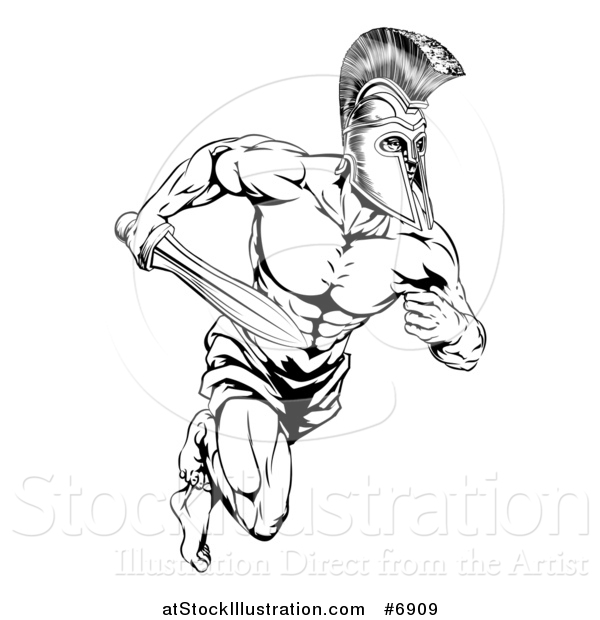Vector Illustration of a Black and White Gladiator Man in a Helmet Sprinting with a Sword