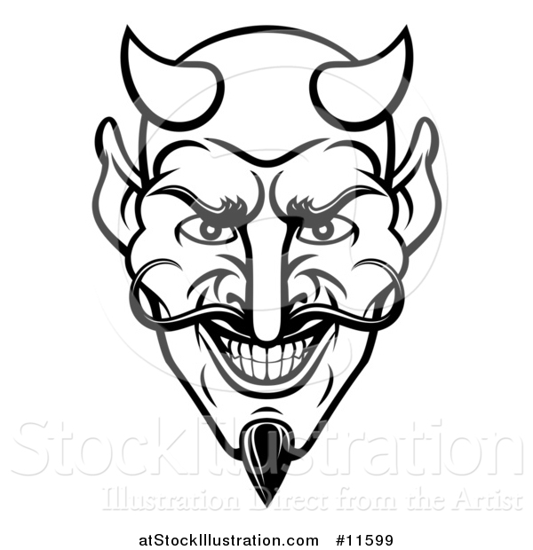 Vector Illustration of a Black and White Grinning Evil Devil Face