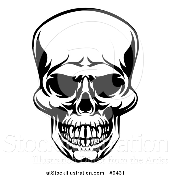Vector Illustration of a Black and White Grinning Skull