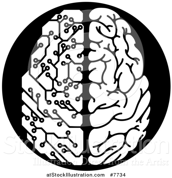 Vector Illustration of a Black and White Half Human, Half Artificial Intelligence Circuit Board Brain