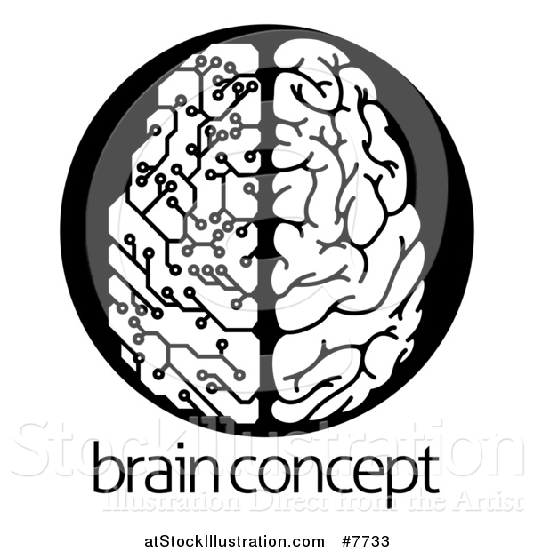 Vector Illustration of a Black and White Half Human, Half Artificial Intelligence Circuit Board Brain over Sample Text