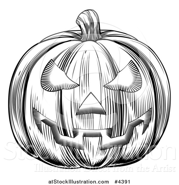 Vector Illustration of a Black and White Halloween Woodcut Jackolantern Pumpkin