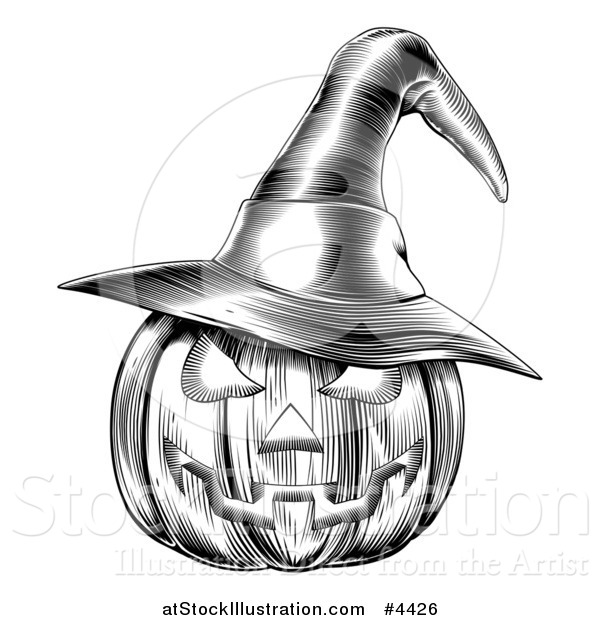 Vector Illustration of a Black and White Halloween Woodcut Jackolantern Pumpkin Wearing a Witch Hat 2