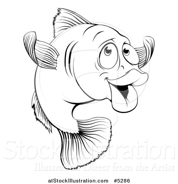 Vector Illustration of a Black and White Happy Cod Fish Gesturing to Come
