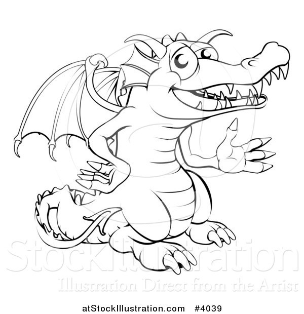 Vector Illustration of a Black and White Happy Dragon Presenting