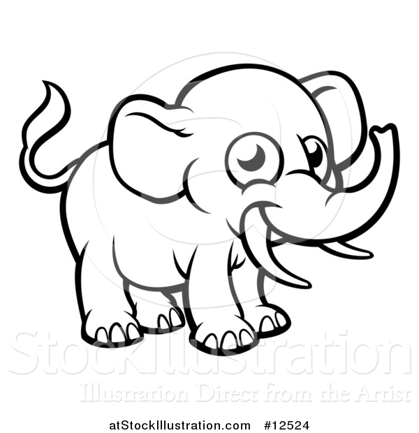 Vector Illustration of a Black and White Happy Elephant with Tusks