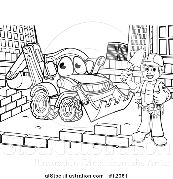 Vector Illustration of a Black and White Happy Male Mason Holding a Thumb Up, Working near a Bulldozer Digger