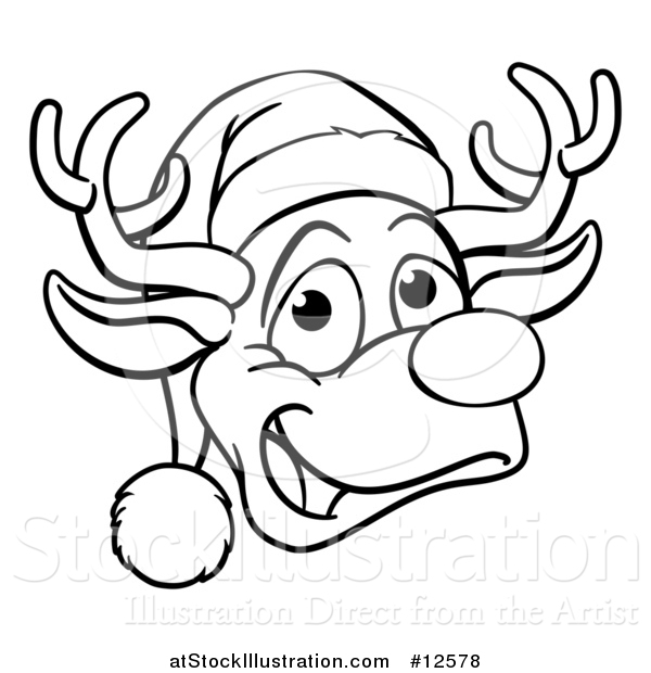 Vector Illustration of a Black and White Happy Reindeer Face Wearing a Christmas Santa Hat