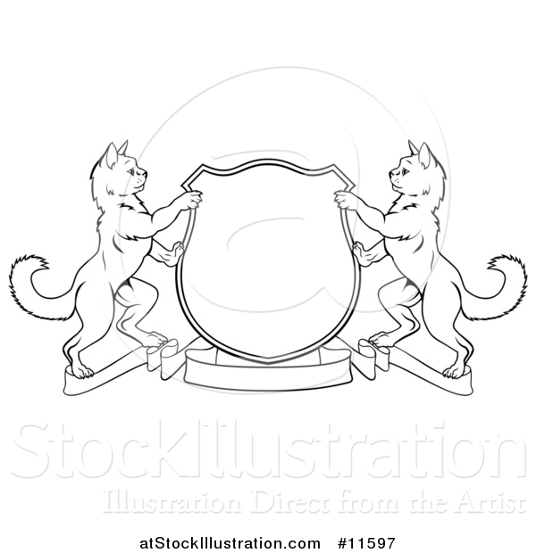 Vector Illustration of a Black and White Heraldic Coat of Arm Shield of Two Cats