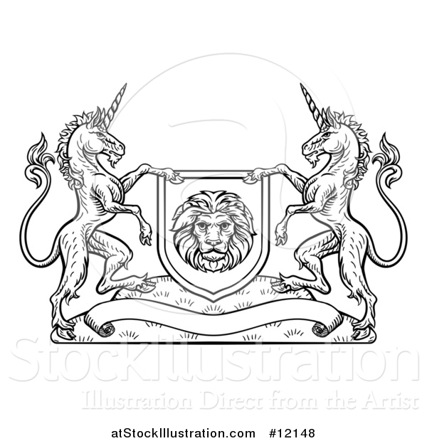 Vector Illustration of a Black and White Heraldic Lion and Unicorn Coat of Arms Crest