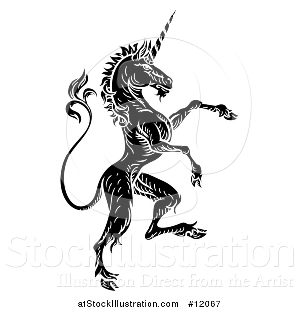 Vector Illustration of a Black and White Heraldic Rampant Unicorn in Profile