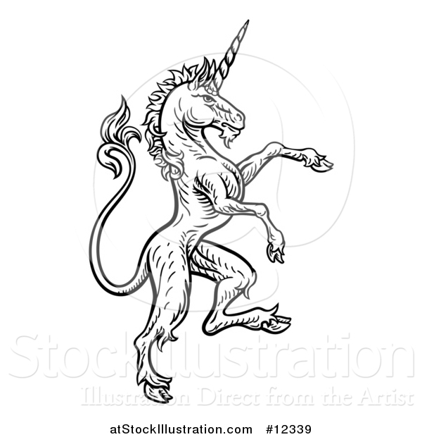 Vector Illustration of a Black and White Heraldic Rampant Unicorn in Profile