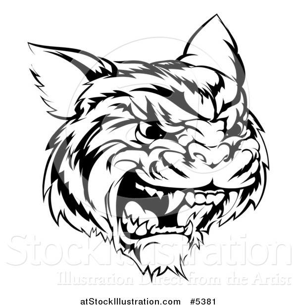 Vector Illustration of a Black and White Hissing Tiger Mascot Head