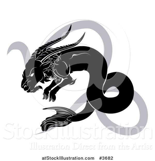 Vector Illustration of a Black and White Horoscope Zodiac Astrology Capricon Sea Goat and Sybmol