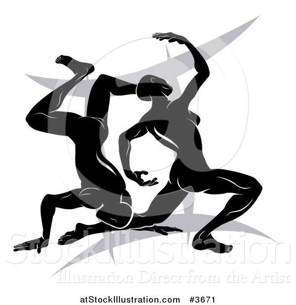 Vector Illustration of a Black and White Horoscope Zodiac Astrology Dancing Gemini Twins over a Symbol