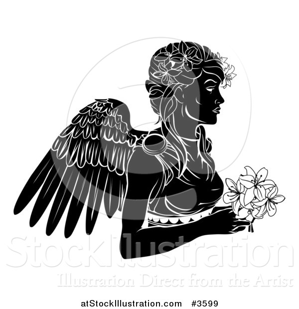 Vector Illustration of a Black and White Horoscope Zodiac Astrology Virgo Angel with Flowers